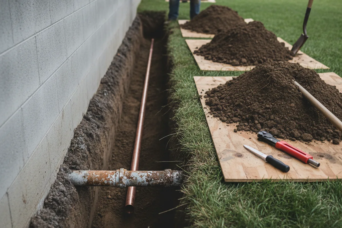 Excavated water line trench during Water Heater Repair in Allentown